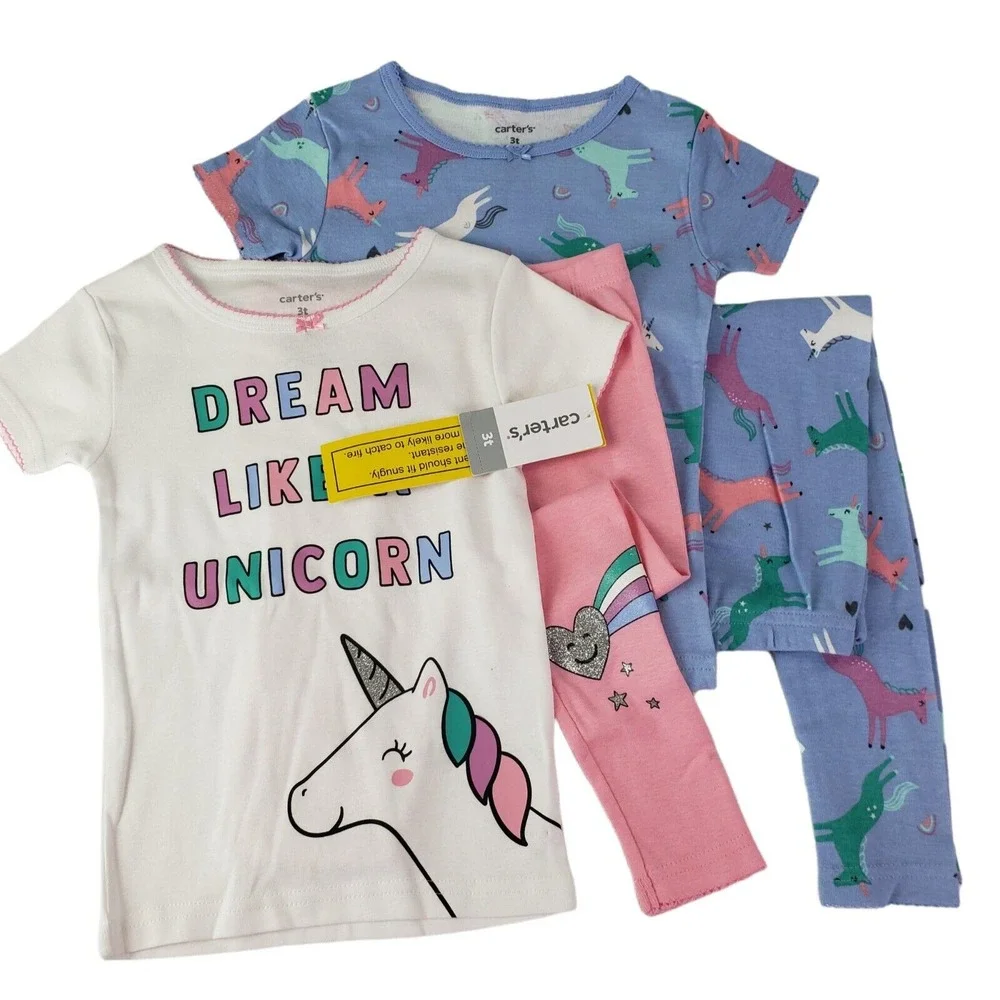 Carter's Toddler and Baby Girls' 4 Piece Cotton Pajama Set (Unicorn T 3)‎ New